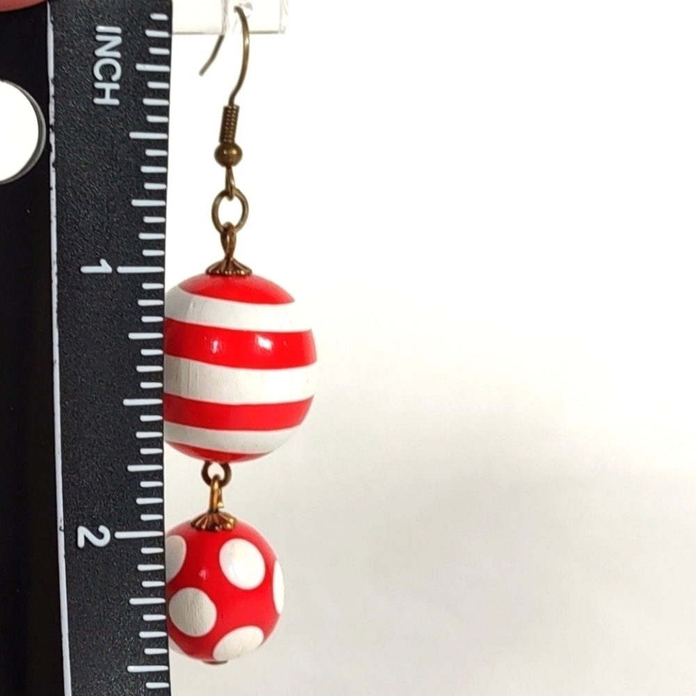 Handmade Red and White Wood Bead Fishhook Post Earrings - Picture 7 of 7